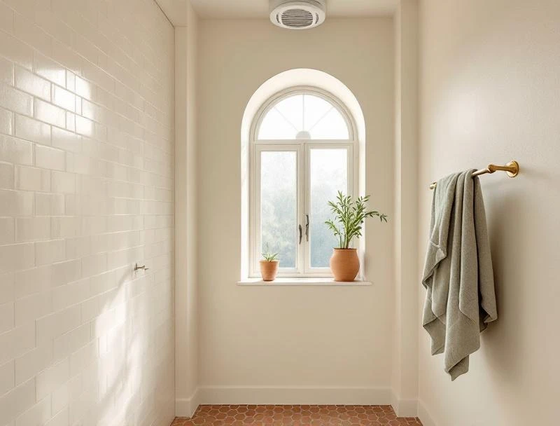 Completed bathroom mold remediation with restored ceiling, new exhaust fan, and freshly painted Spanish Colonial Revival bathroom.