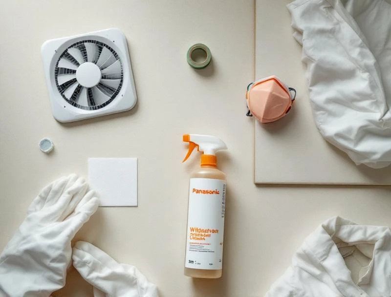 Bathroom mold remediation equipment flat-lay including HEPA air scrubber, exhaust fan upgrade, moisture-resistant drywall sample, antimicrobial cleaner, and silicone caulk.