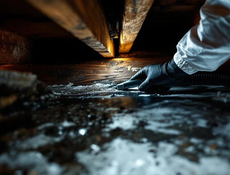 Crawl space joist mold treatment with HEPA vacuum and antimicrobial application under a Hollywood Hills hillside home.