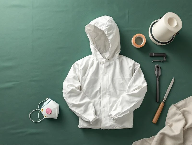Mold remediation equipment flat-lay including HEPA negative-air scrubber, Tyvek coverall, P100 respirator, and Sporicidin antimicrobial.