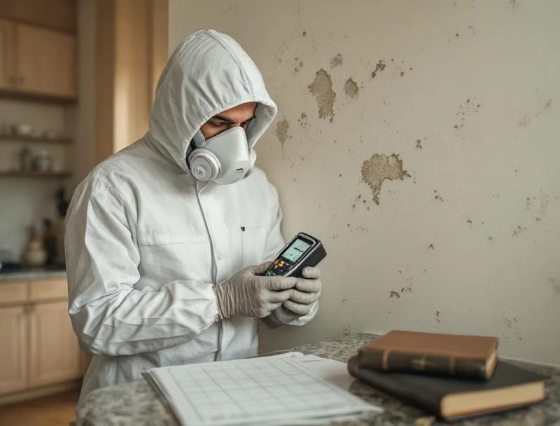 Pre-remediation moisture mapping with Tramex meter on Los Angeles kitchen drywall before scope finalization.