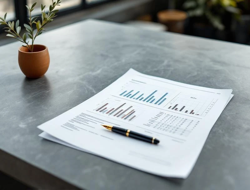 Mold testing lab report on a slate desk with chain-of-custody documentation and a fountain pen in a modern Los Angeles loft.