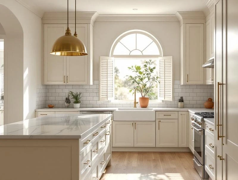 Upscale Los Angeles kitchen architectural context where mold remediation projects routinely occur — Westside cream-and-oak aesthetic.